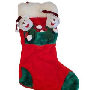 Vintage 3D White Bears Christmas Stocking 18" Red Green